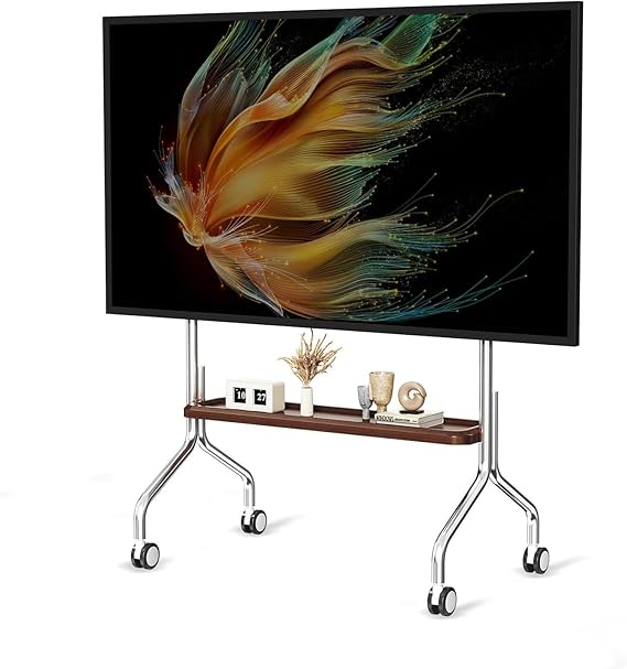 TV Stand on Wheels with Shelf for 32-75 inch TVs | Easel Design, 4 locking 360° wheels, cable management, Portable Outdoor TV Stand for Office, Home Max 50KG VESA 600x400