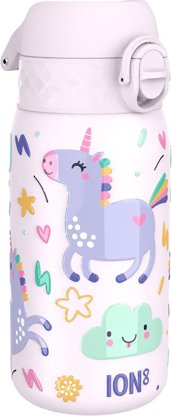 Ion8 Small Water Bottle, Leak Proof, Easy to Open, Secure Lock, Dishwasher Safe, Flip Cover, Carry Handle, Easy Clean, Durable, Water Bottle, Raised Print, Unicorns