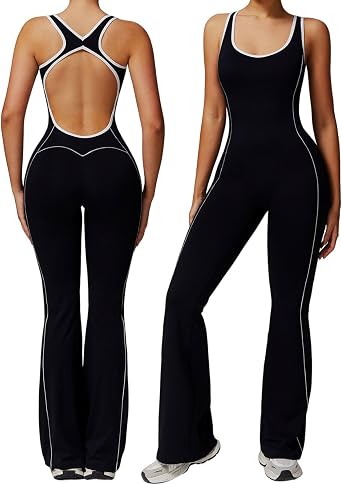 Flare Jumpsuits for Women Sidebar Sports Sleeveless Romper Backless Tummy Control Workout Outfit Unitard One Piece