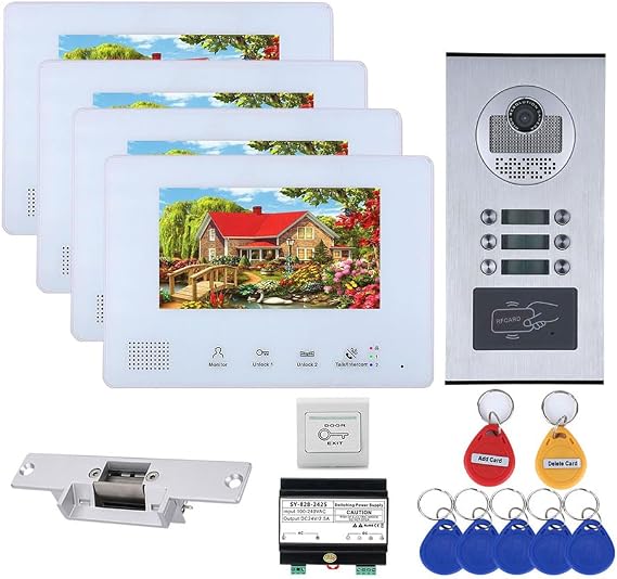 4-Unit Home Apartment Visual Intercom Doorbell System,7" LCD Screen Bus 2pin Wired Video Door Phone Kit,for Home Night Vision+ Cathode Lock(1 Doorbell+4 Monitor)