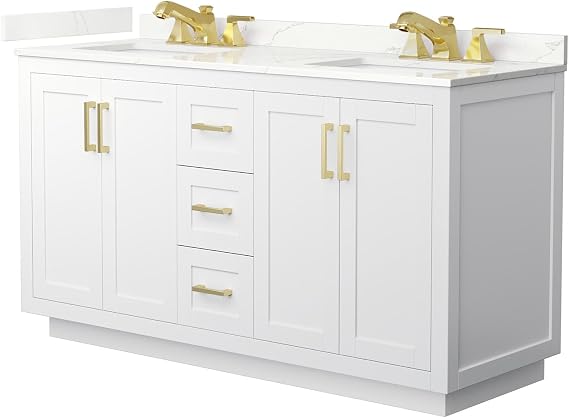 Wyndham Collection Miranda 60 Inch Double Bathroom Vanity in White, Giotto Quartz Countertop, Undermount Square Sinks (3-Hole), Brushed Gold Trim