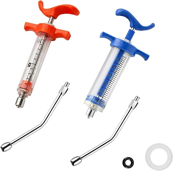 2Pcs Syringe with 2 Drench Nozzle Adjustable Dosage Reusable Drench Gun Syringe for Goat, Horse, Sheep, Dog, Pig, Cat (10ML+30ML)