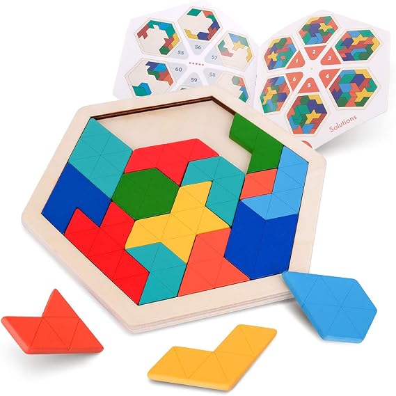 Vanmor Wooden Hexagon Puzzle, Geometric Shape Pattern Brain Teaser Puzzles
