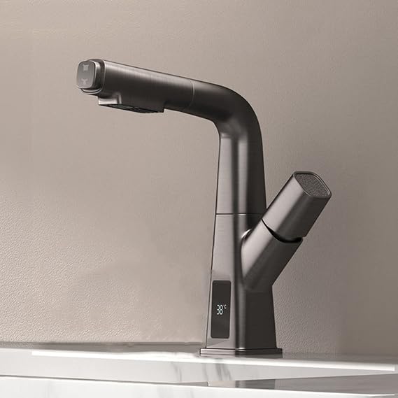 Bathroom Sink Faucet with Pull Out Sprayer, Temperature Digital Display Single Handle Vanity Faucets, Single Hole Hot and Cold Faucet Bathroom Sink Faucet,Black (Color : Gun Gray)