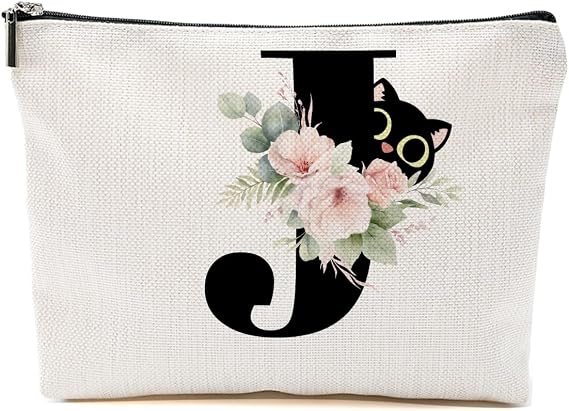Cute Cat Initial Makeup Bag, Personalized Skin Care Bag, Letter J | Birthday Gifts for Women Girls Travel Organizer Toiletry Bags for Mom Friends, Cosmetic Bags Makeup Pouch with Zipper