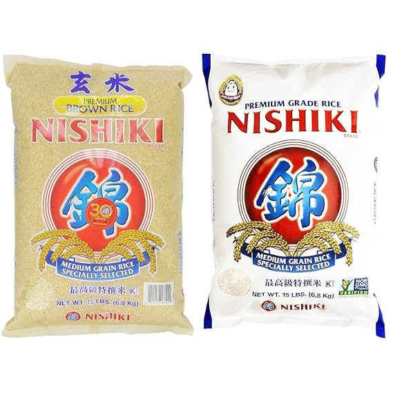 Nishiki Premium Rice Bundle - Brown Rice (15-Pounds) and Medium Grain White Rice (15 Pound), California Grown