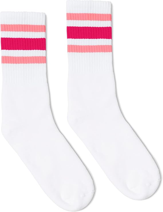 SOCCO Made in USA | White Crew Socks | Pink and Fuchsia Striped Socks