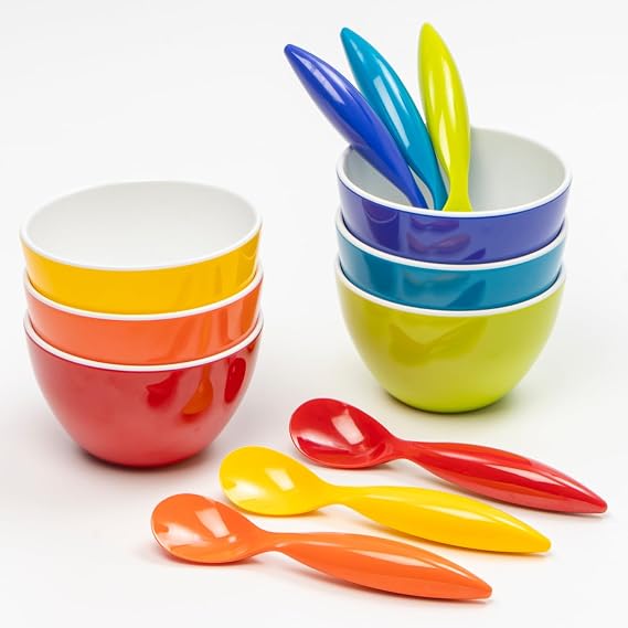 Bzyoo ColorPop Melamine Spoon Set 6 Vibrant Color&bzyoo Set of 6 Small Bowls, 4.25" 11.8 OZ ColorPop Melamine Bowls
