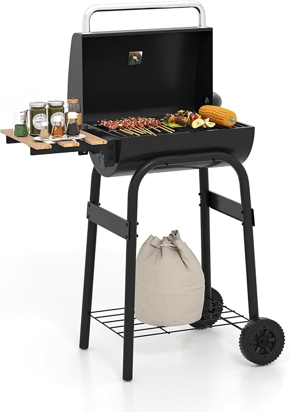 Happygrill Barrel Charcoal Grill with Foldable Side Table & 2 Wheels
