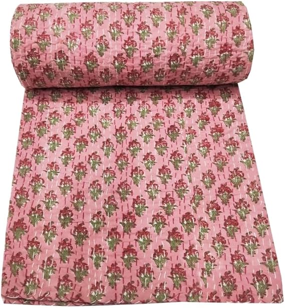 YUVANCRAFTS Indian Block Print Kantha Quilt Queen Size 90 X 108 Inch 100% Cotton Bedspread Blanket Bed Cover Throw Light Pink