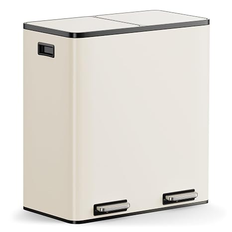 VonHaus Kitchen Bin, 60L Double Recycling Bin for Kitchen, Two Section Food Waste Separation System with Non-Slip Base & Removable Inner-Compartments, Large Airtight Trash Can, 2 x 30L (Cream) | Two Section Food Waste Separation System with Non-Slip Base & Removable Inner-Compartments, Large Airtight Trash Can, 2 x 30L
