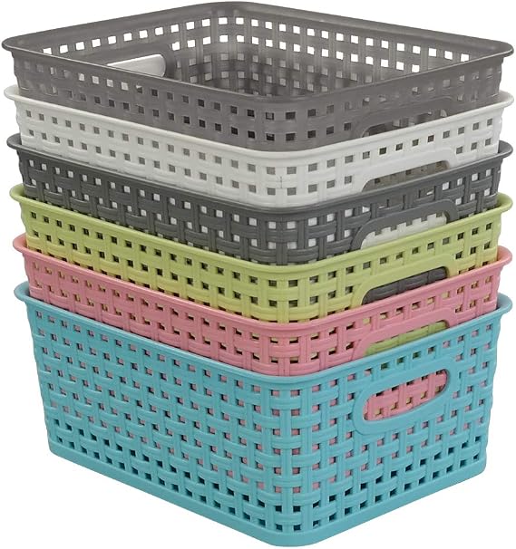 Mixed Color Rectangle Storage Baskets, Plastic Weave Shelf Baskets, 6 Packs