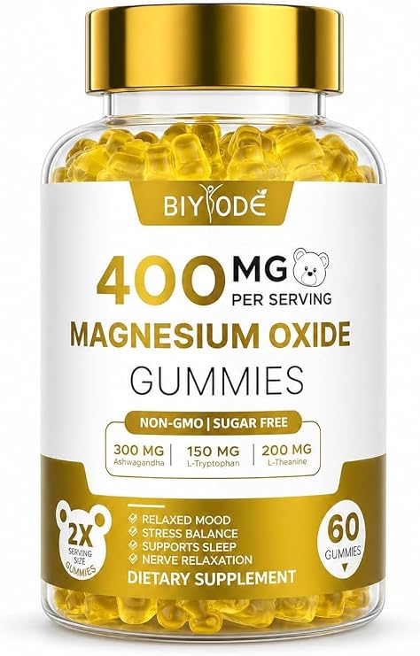 Magnesium Gummies Supplement with Magnesium Oxide L-Theanine Ashwagandha Vitamin D3 & B6 Supports Relaxation Mood Balance Sleep Wellness & Stress Management Sugar-Free Orange Flavor 60 Count