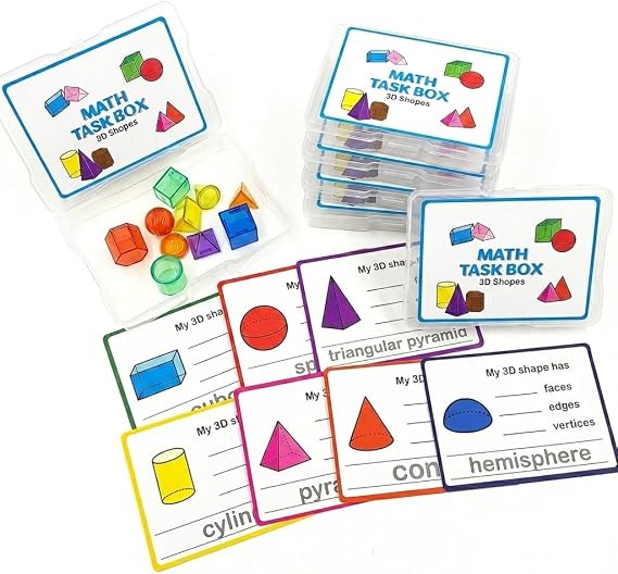 Math Task Boxes Set of 5 Math Manipulatives Themes 230+ Pieces of Number Rods, Base Ten Blocks, Ten Frame Disc Counters, Place Value Blocks, 0-9 Numbers, 3D Shapes, Activity Cards (3D Shapes)