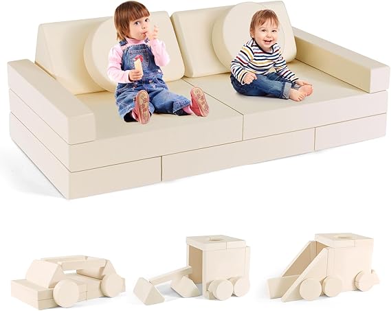 Kids Sofa, Modular Play Couch, Kids Sofa, Bedroom and Playroom Furniture for Toddlers, Convertible Foam (Set of 14 - Beige)