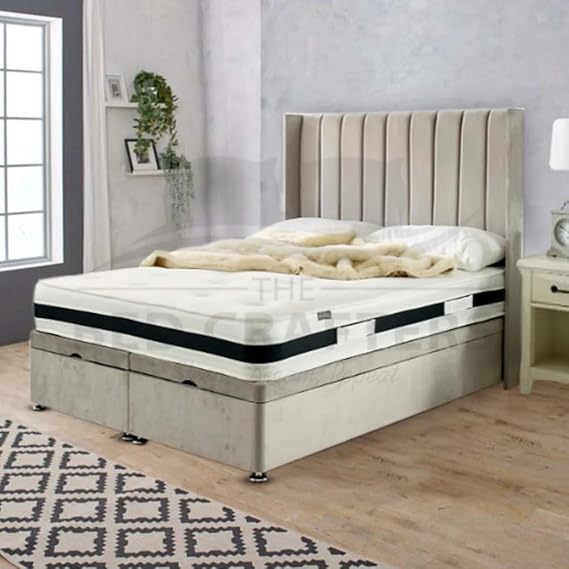 Luxury 48" Wingback Divan Bed Set – Double Bed Plush Velvet Panel Headboard with Memory Foam Mattress, Storage Base – Single/4ft6"/King Size (Cream (with Mattress), Fabric Swatch)