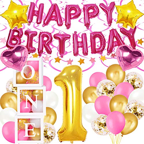 First Birthday Balloon ONE Boxes for Baby Girl WITH foil Balloons pink