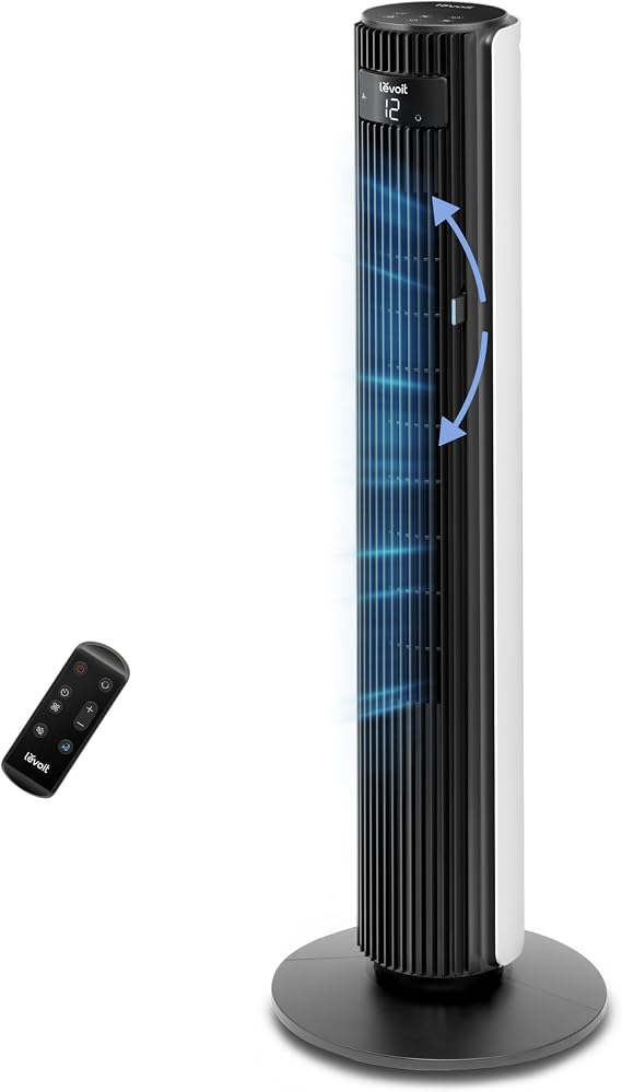 Levoit Kule Vantilatör İçin Yatak Odası, 7,5 m/s, 23 W, 25 dB Sessiz Sütun, Uzaktan Kumandalı, 12 Hız Kademesi, 4 Mod, Beyaz | Salınım 60°, DC motor, uzaktan kumanda, zamanlayıcı 12 saat, geniş alanlar, 23 W