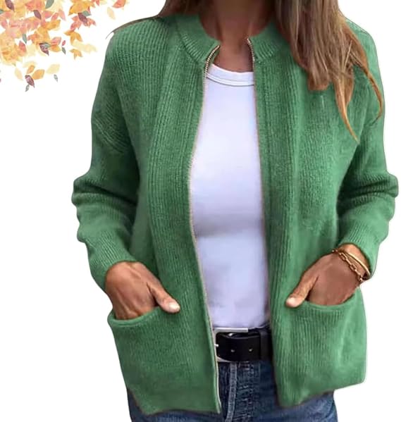 HUIQINGLI Women's Round Neck Zipper Knitted Jacket, Solid Casual Long Sleeve Sweaters with Pockets