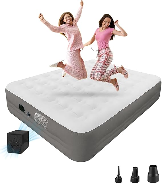 Queen Size Air Mattress with Built in Pump, 18'' Raised Blow Up Bed Inflatable Mattress for Camping & Travel, 3-Minute Quick Inflation/Deflation,Thick Velvet Texture Waterproof,18'' Grey