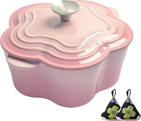 2-QT Enameled Cast Iron Dutch Oven, Double Handle, Non-Stick, Flower-Shaped Lid, Suitable For Various Stoves, Heavy Duty Cookware, Christmas Decorative Gift, Pink