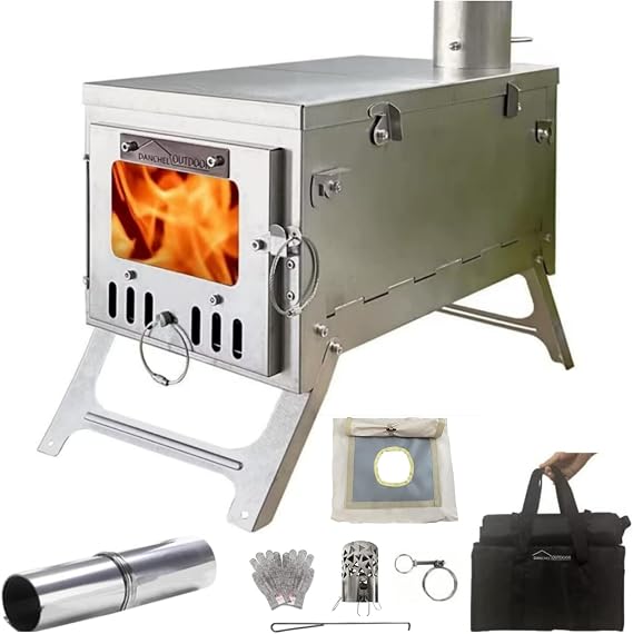 DANCHEL OUTDOOR T6 100% Titanium Ultralight Wood Stove with Canvas Stove Jack,Collapsible Portable Stove Kit for Backpacking Hot Tent