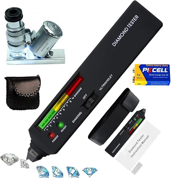Diamond Tester Professional Diamond Tester Pen with UV Light, 60X Mini LED Magnifying, Jewelry Gem Tester Pen, Professional Diamond for Novice and Expert(Battery Included)