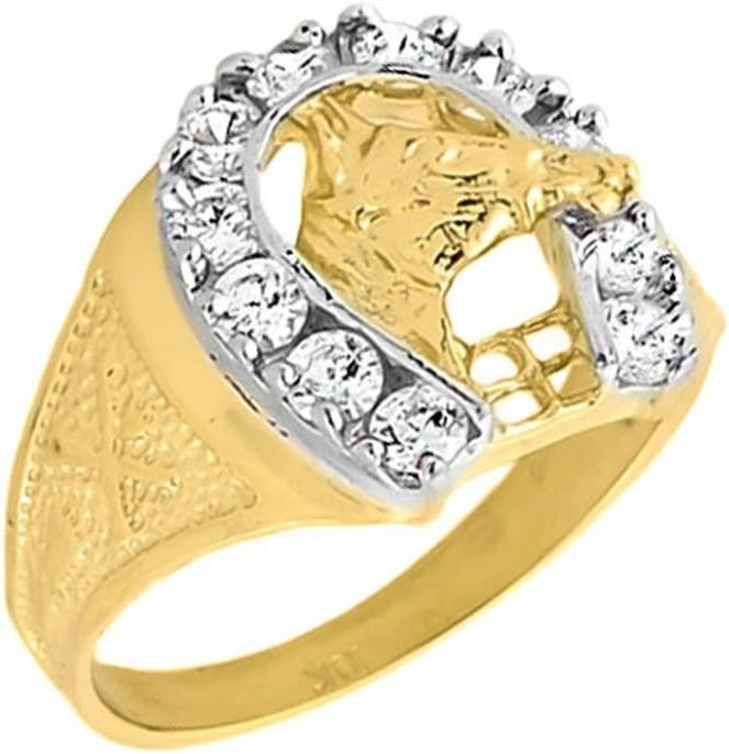 Solid 10k Yellow Gold Men's White Topaz Lucky Horseshoe Ring