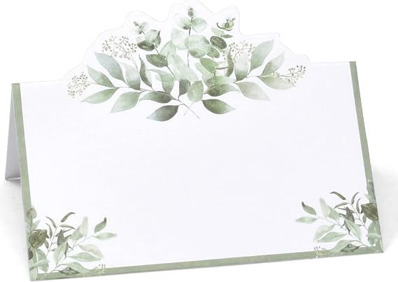 Gift Boutique 100 Pack Eucalyptus Greenery Place Cards Floral Green Leaves Seating Name Card Folded Tent Cards for Baby Shower Reception Tables Placement Party Decorations 2" x 3.5"