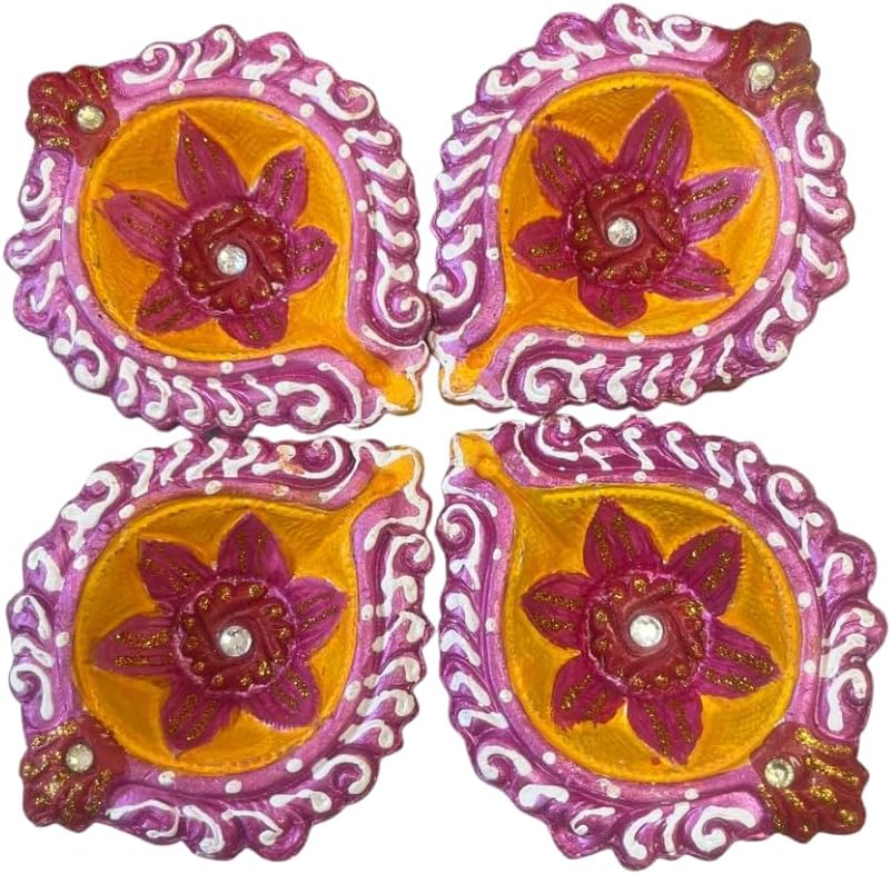 4 X Decorative Clay Diya with Traditional Floral Design and Sparkling Stone Work for Karwa Chauth, Pooja Ceremonies, Rangoli Decoration, Festival Oil Lamp, Home Lighting, Religious Functions & Gifting