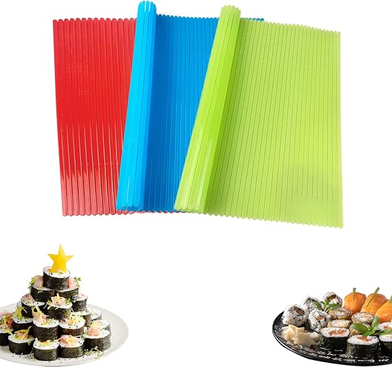 3 PCS Sushi Rolling Mat,8.27in x 9.06in Sushi Mat Plastic,Non-Stick Sushi Making Mat,Red, Green and Blue Sushi Mats,Durable Sushi Mat Roller for Home-Made DIY Sushi