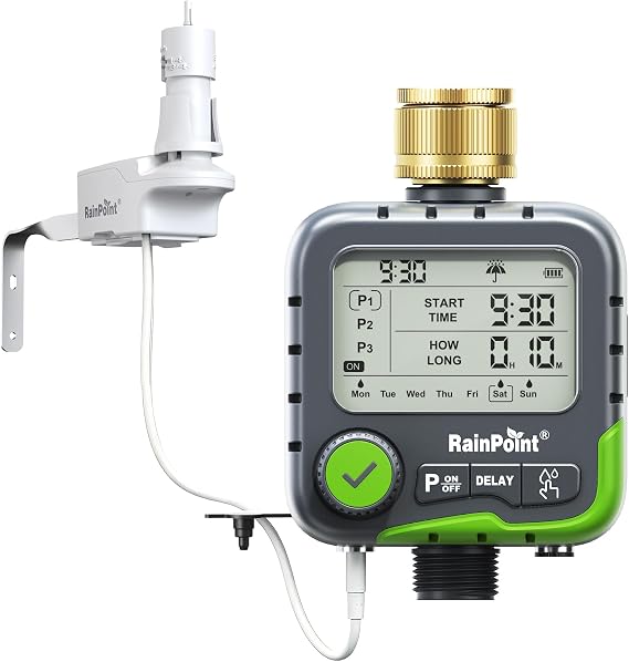 RAINPOINT ITV156 Water Timer Kit with Rain Sensor, 3 Independent Plans, Automatic Rain Shutoff for Garden & Lawn Irrigation, Rain Delay, IP65