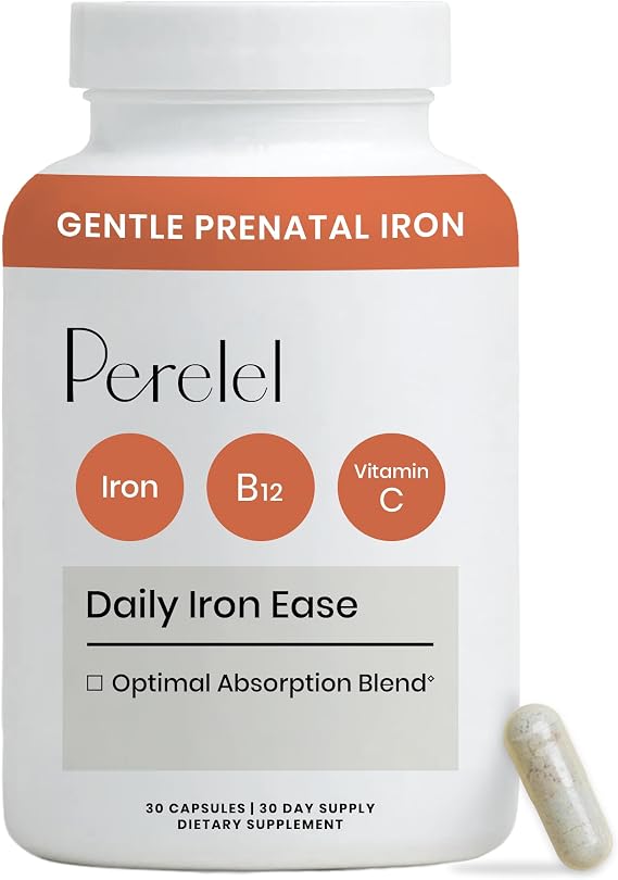 Perelel Daily Iron Ease, 15MG Iron Supplements with Magnesium, Vitamin C, Vitamin B12 for Nutrient & Energy Support, Capsules for Women and Men, Soy, Dairy & Gluten Free, Non GMO, 30 Pills