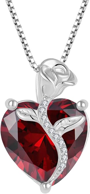 FJ Love Heart Necklace 925 Sterling Silver Rose Flower Pendant Birthstone Jewelry for Women