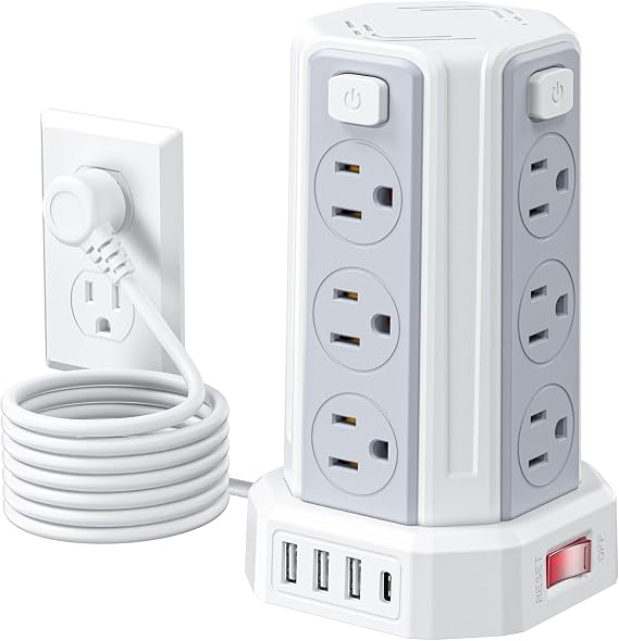 Power Strip 6.5 Ft Extension Cord with 12 AC Multiple Outlets 4 USB (1 USB C), SMALLRT Power Strip Tower Desktop Charging Station for Home Office College Dorm Essentials