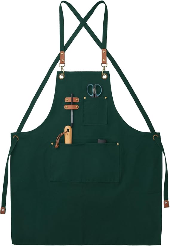 Chef Canvas Aprons with 3 Large Pockets Adjustable Strap for Men Women | Cross Back Design, Water Resistant, Work Aprons for Cooking, Kitchen, Grilling, Gardening, BBQ, Barber, Server, Painting