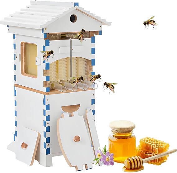Beehive Starter Kit, Complete Self-Flow Hive Bee Box with Observation Window & Honey Spout, Easy Assembly Wooden Hive, Automatic Honey Extraction
