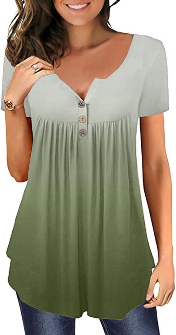 Summer Womens Tie Dye Tops Short Sleeve V Neck Soft T-Shirts Button Up Casual Blouses Flowy Hem Pleats Tunic Shirts