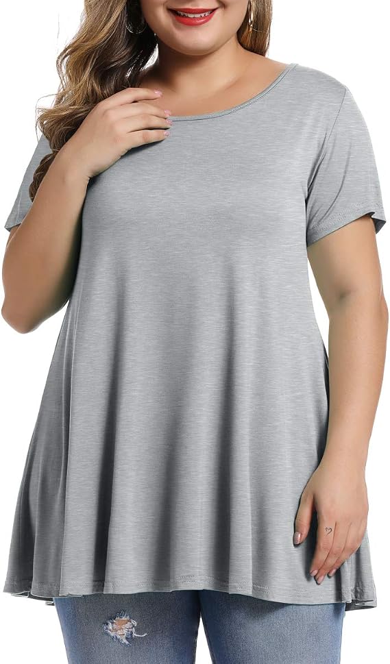 Womens Plus Size Short Sleeve Swing Tunic Tops Casual Loose Fit Flare Basic T-Shirts