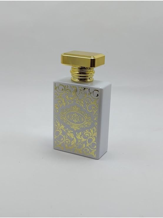 Boş Beyaz Cam Parfüm/Kolonya Sprey Şişesi, Uygun Fiyatlı, Kolaylığı Doldurulabilir, Zarif ve Lüks, Altın Kapaklı, Altın Desenli 50ml