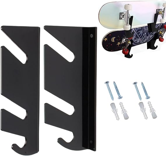 Wall Mount Skateboards - Double Acrylic Rack, Heavy Support Arms, Gear Organizer | Clear Frame with Hook to Hold Mallets, Longboards, Skate Shoes, Helmet,