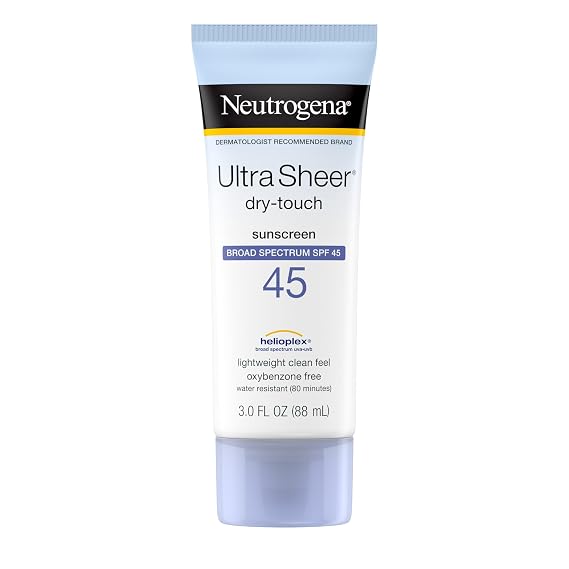 Neutrogena Ultra Sheer Dry-Touch Sunscreen Lotion, Broad Spectrum SPF 45 UVA/UVB Protection, Light, Water Resistant, Non-Comedogenic; Non-Greasy, Travel Size, 3 fl. oz