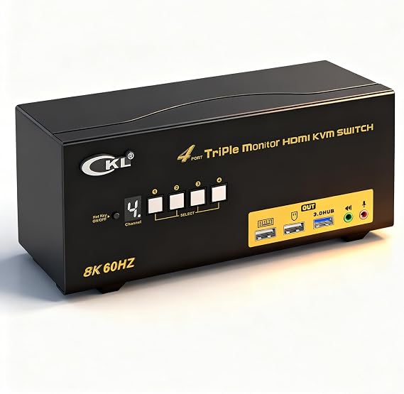 CKL USB 3.0 Triple Display KVM Switch HDMI 2.1 8K 60Hz 4K 120Hz (for 3 Monitors 4 Computers) Supports EDID Emulation, Hotkey, Audio and, with All Input Cables 943HUA-5