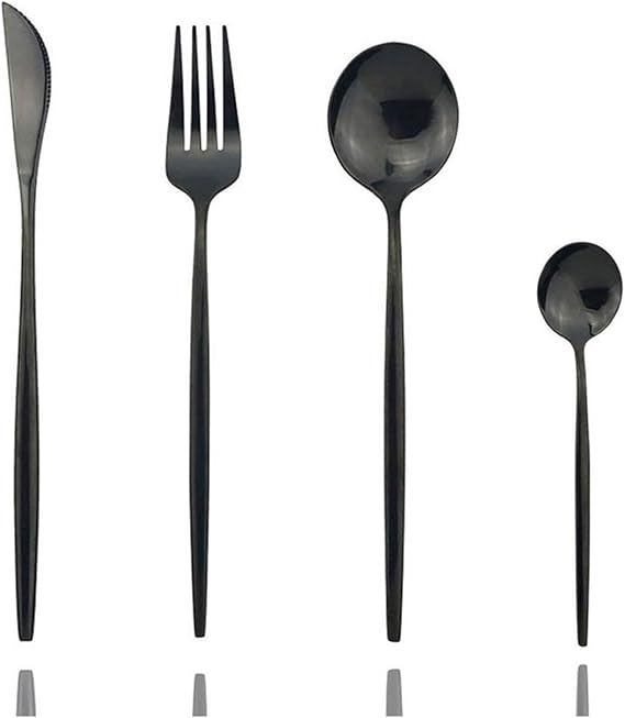 JASHII 24 Piece Titanium Plated Stainless Steel Flatware Set, 24 Black Silverware Set, Cutlery for 6 (Shiny)