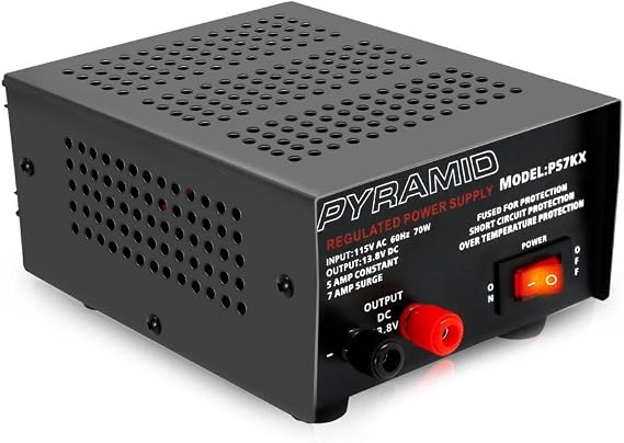 Pyramid Universal Compact Bench Power Supply - 5 Amp Linear Regulated Home Lab Benchtop AC-to-DC 12V Converter w/ 13.8 Volt DC 115V AC 70 Watt Power Input, Screw Type Terminals, Cooling Fan - PS7KX