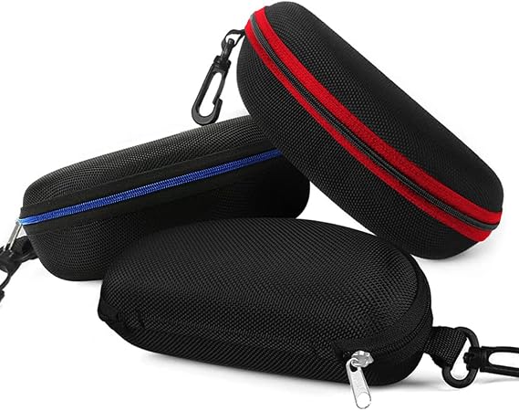 Yamrots 3pcs Zipper Hard Sunglasses Cases Portable Travel Eyeglasses Cases with Plastic Hook (Black Red Blue)