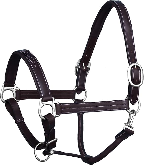 Leather Horse Halter with Fancy Stitching | Black & Brown Padded Halter with Silver Brass Hardware | Quick-Release Snap | Adjustable Leather Halter Cob, Full, Over, Pony Sizes