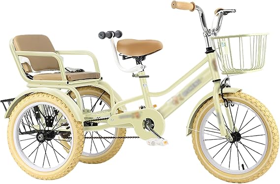 SRNSAEB Pink Gray Green Yellow 3-wheel Bikes Carrying Passengers, Three Wheel Cruiser Bike Two-seater Children Tricycle, Double Twins Toy Bicycle with Adjustable Height Seats & Handle(Yellow,14in)