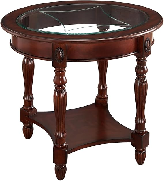 Solid Wood Oval End Table, 28"x24", Cherry Walnut | Vintage Carved Edge & Tempered Glass Top, Spacious Sofa Side Table for Lamps, Books & Decor in Living Rooms & Bedrooms