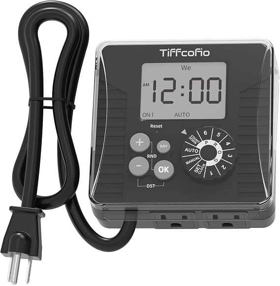 TiFFCOFiO Outdoor Digital Pool Timer, Dial Programmable Method, Outdoor Timer with 2FT Extension Cord Waterproof, 2 Grounded Electrical Outlets for Lights, 6 Sets of Programs,1HP (15A)